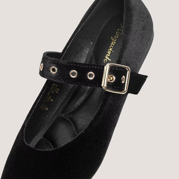 Women Velvet Black Polyurethane (PU) Closed Toe Strap Buckle Ballerina Flats - Picture 4 of 8